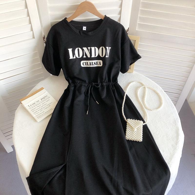 Round Neck Printed Drawstring Waist Cinching Slit Mid Length T-shirt Dresses