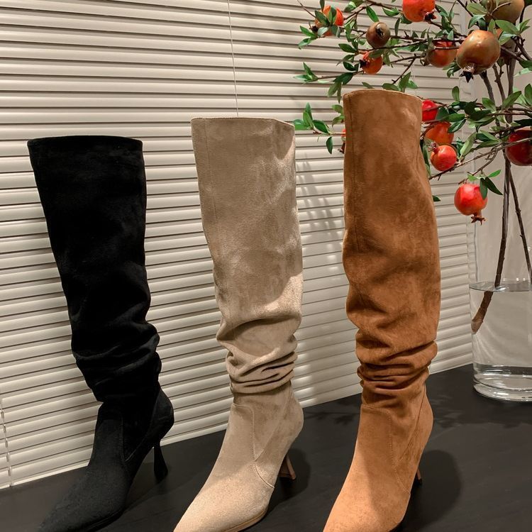 Khaki Suede Pointed Thin Heel Boots Women's Pleated Pile Boots Maillard Loose High Boots High Heel Boots