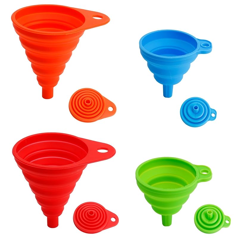 4 Pack Silicone Collapsible Kitchen Funnel for Water Beer Oil Filling Bottles 2 Size Flexible Foldable Mini Small Large Scoop Funnel Set Camp Kitchen 4