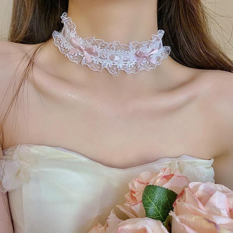 Cute Bowknot Lace Necklace Love Heart Pendant Cloth Lace Chain Choker Female Fashion Lolita Cosplay Jewelry Accessories