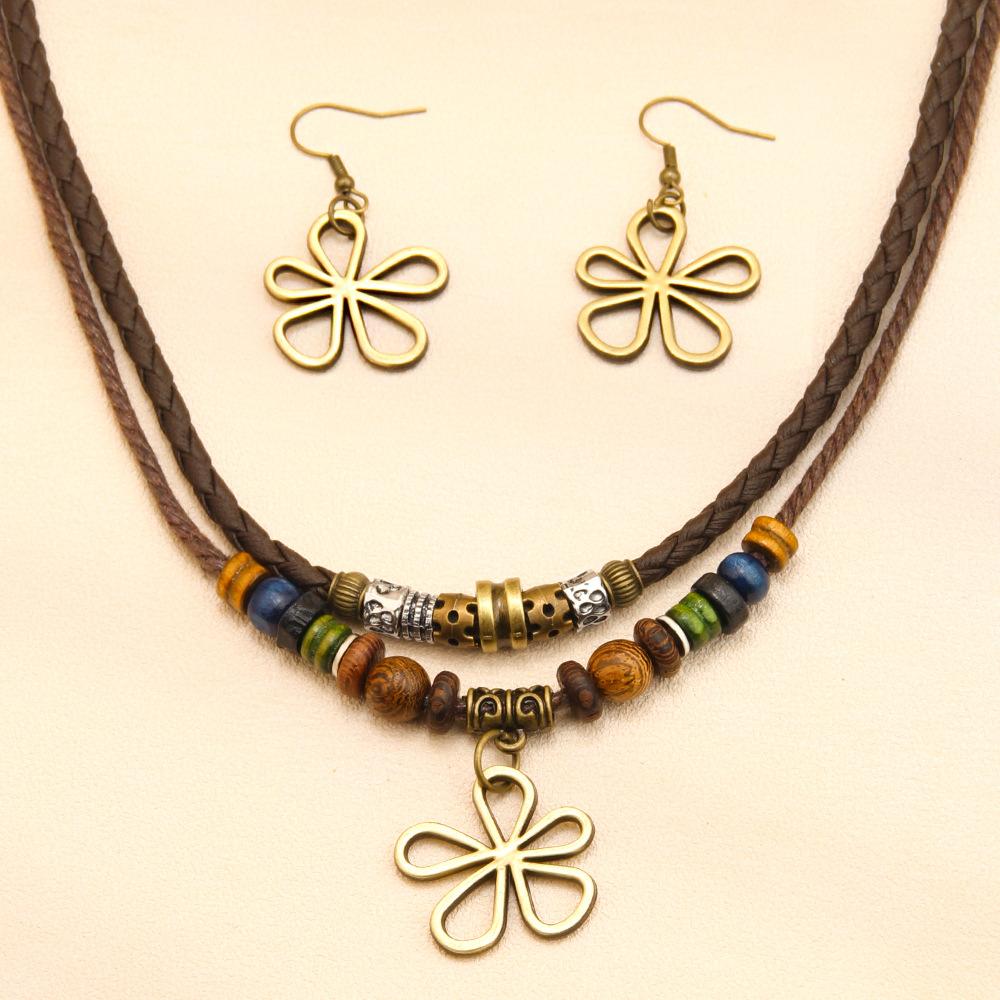 Trendy Five Leaf Clover Beaded Necklace And Earrings Set With Braided Wax Cord Pendant For Casual Everyday Wear