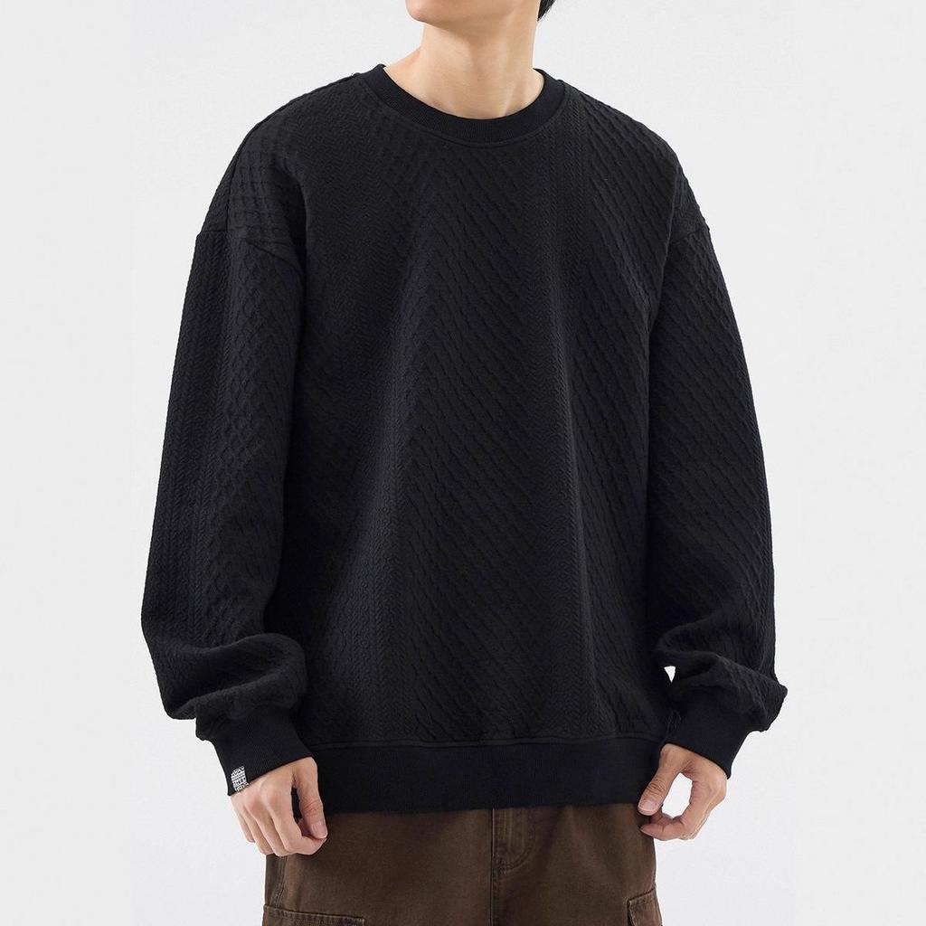 Trendy Men's Heavyweight Jacquard Round Neck Hoodie - Autumn/Winter Plus Velvet Long Sleeve Casual Top