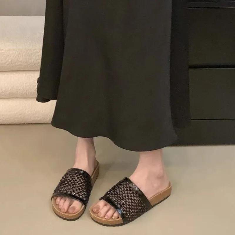 Fashion Women's Rhinestone Vintage Mesh Platform Slip Slipper Summer Fashion Outside Rhinestone Flat Slipper Slipper