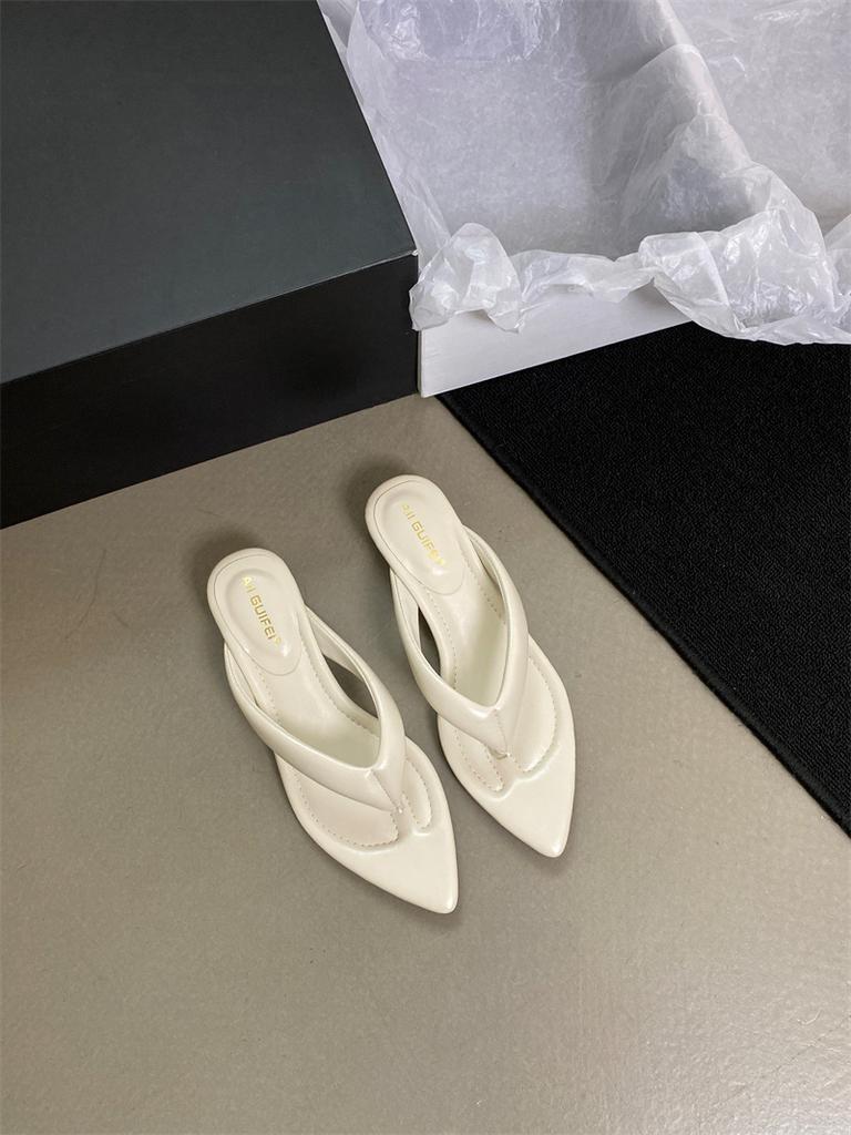 2025 New Summer Pink Pointed Toe Mid Heel Cool Slippers Slope Heel Flip Flops Wear Pinch Sandals