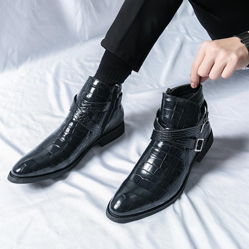 Męskie Retro Szpiczaste Buty Botki Skórzane Uliczne Zimowe Botki do Kostki Męskie Casualowe Brytyjski Styl Krótkie Wysokie Sznurowane Buty Chelsea