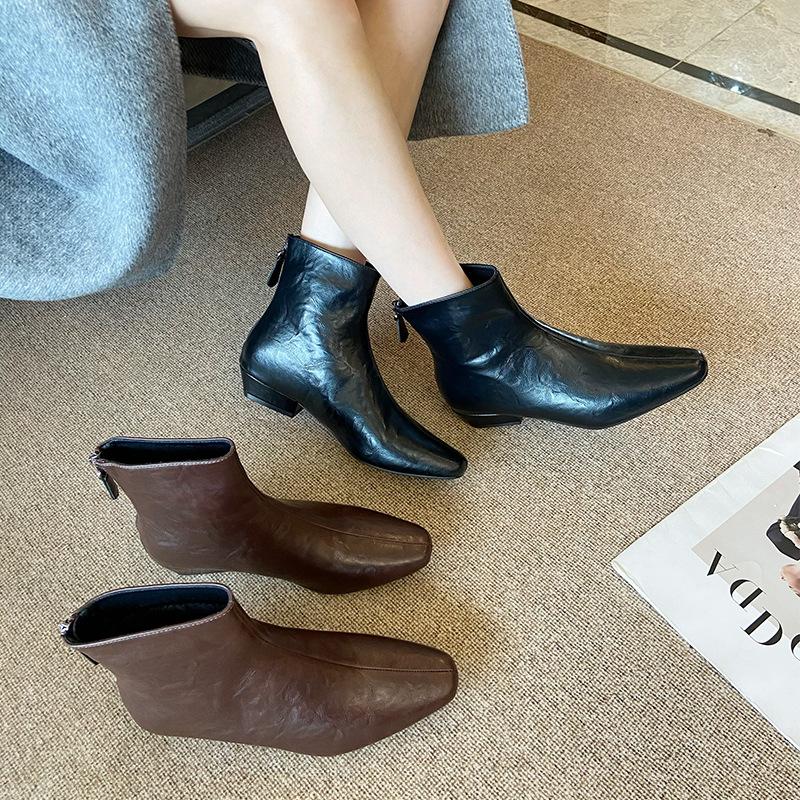 888-8 French 2025 new autumn and winter retro fashion boots rear zipper fleece thin thick heel short boots women