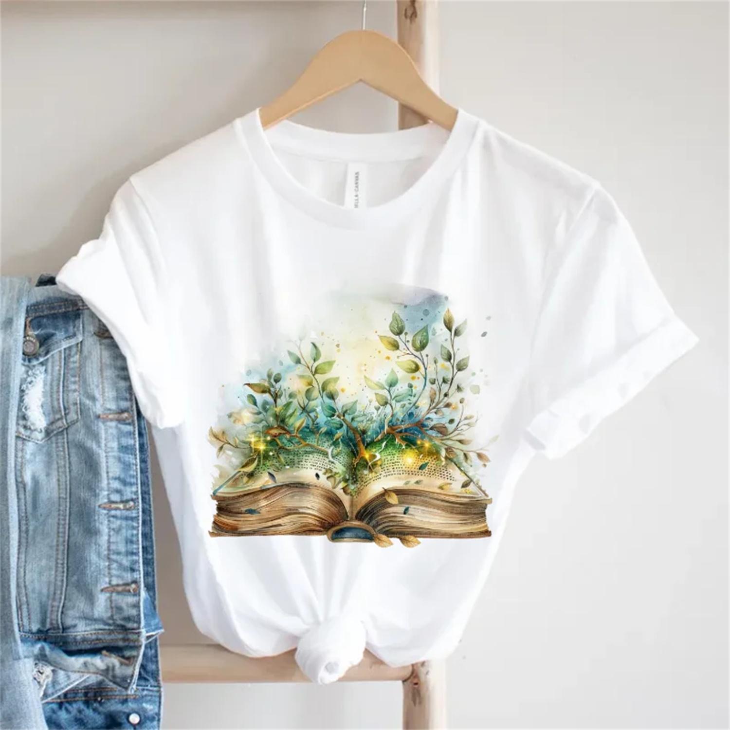 2025 Women s T-Shirt Watercolor Cute Plant Book Pattern Short Sleeve Beautiful Printed Women s Printed 90s Fashion Style Top S