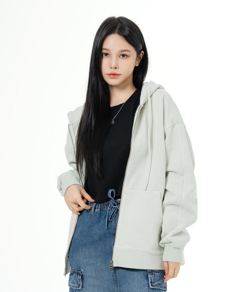 Mozmoz Heavyweight Pigment Cut Two-Way Oversized Zip-Up Hoodie Beige