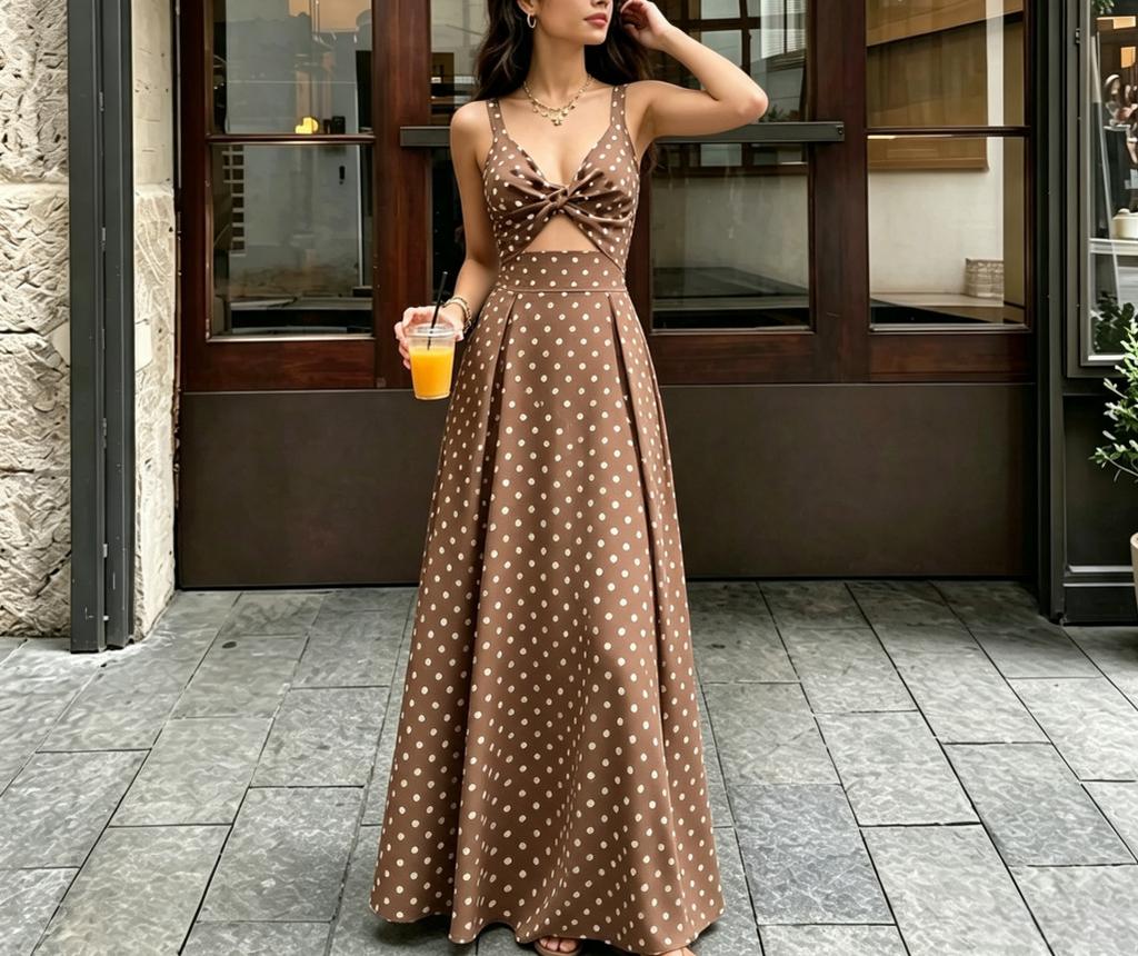 Summer New Women's Clothing Temperament Light and Mature Wind Polka Dots Waist Thin Suspender Dress Long Dress Women
