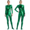 Womens Metallic Shiny Zentai Jumpsuit Mock Neck Long Sleeve Front Zipper Full Body Unitard Tights for Dance Performance