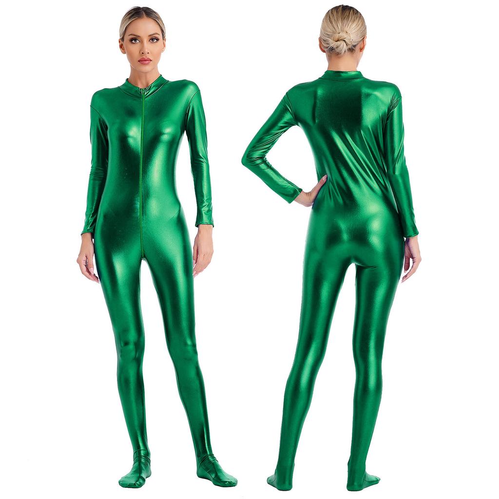 Womens Metallic Shiny Zentai Jumpsuit Mock Neck Long Sleeve Front Zipper Full Body Unitard Tights for Dance Performance