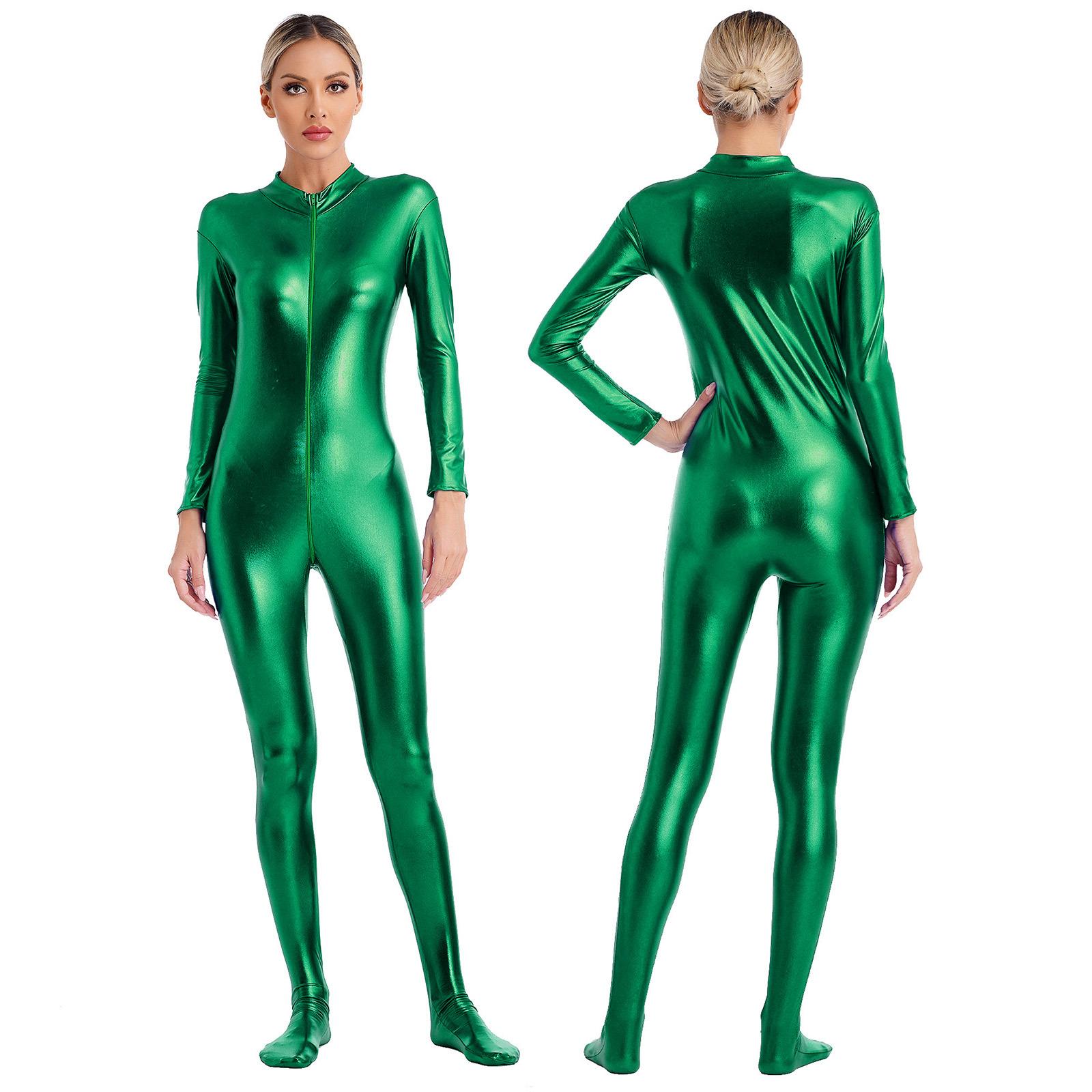 

Жіночий металізований блискучий комбінезон Zentai з коміром-стійкою, довгими рукавами, передньою блискавкою, облягаючі легінси для танцювальних виступів 3XL