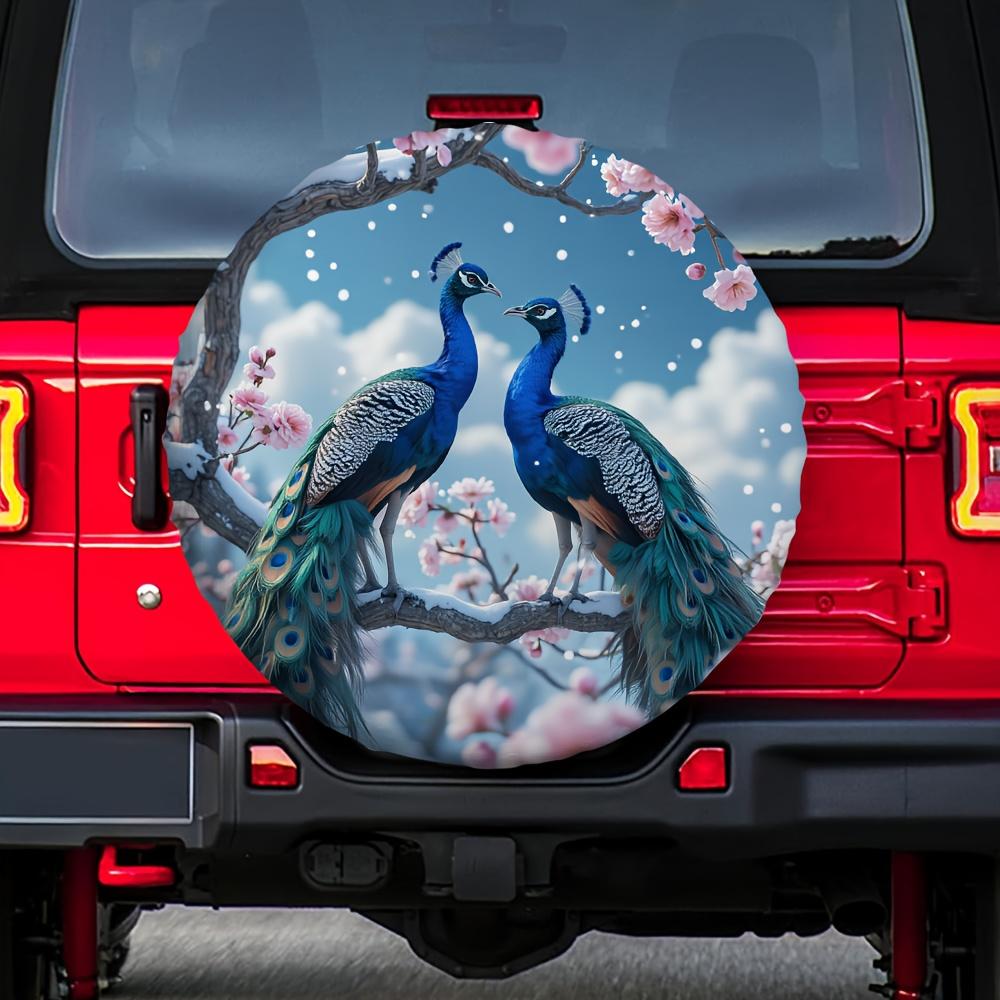 1pc Peacock & Cherry Blossom Tire Cover - 100% Polyester, No Electricity Needed, Fit For Travel & Park Parking Lots, Vibrant Blu