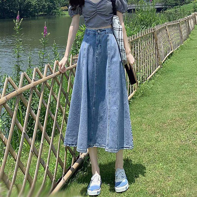2024 High Waist Retro Denim Midi Skirt: Slimming, Fashionable, Hip-Covering Draped Design