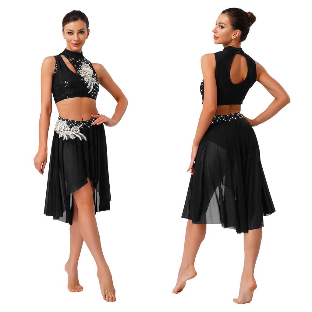 Embroidery Applique Dancewear Set for Women S-XXL: Sleeveless Hollow Crop Top & Irregular Mesh Hem Briefs-Type Skirt
