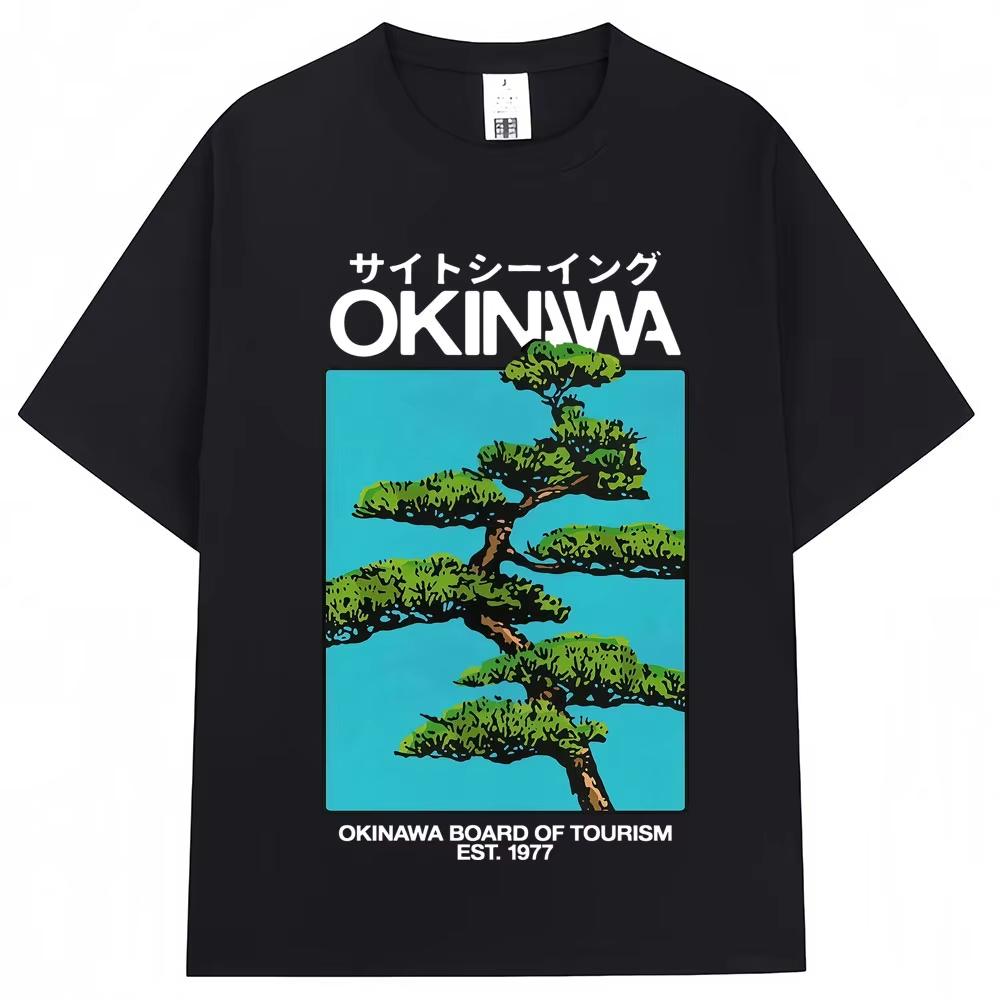 Japanischer Stil Okinawa Harajuku T-Shirt Unisex Damen Vintage Mode Kurzarm Lässig Oversized 100% Baumwolle T-Shirt Streetwear