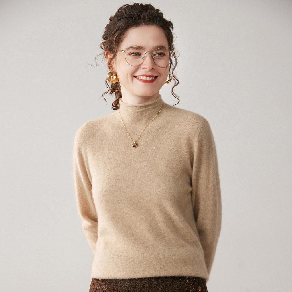 Ribbed Cashmere Half-High Neck Sweater - Women's Autumn/Winter Fashion Loose Knit Pullover
