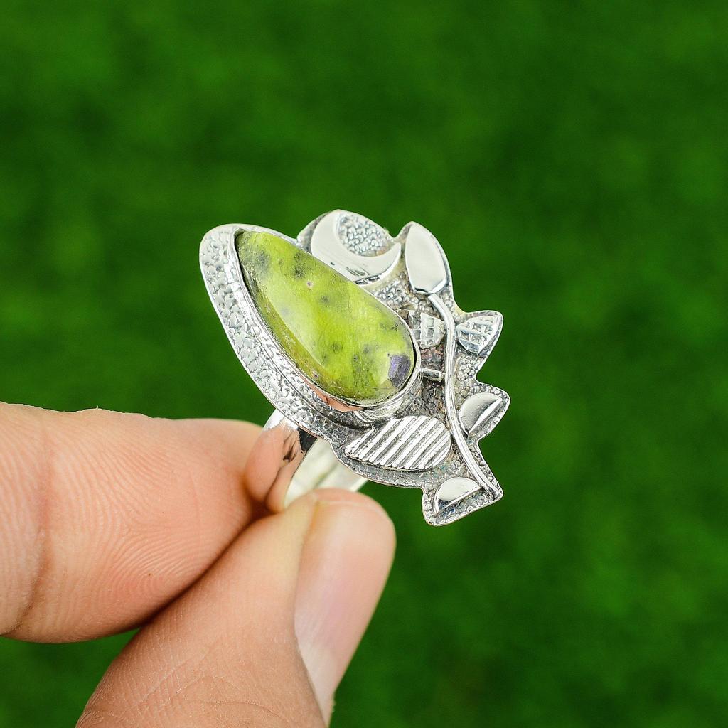925 Silver Pear Natural Stichtite New Bezel Promise Cescent Moon Ethnic Ring