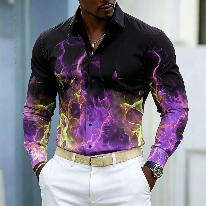 Men's shirt street style colorful flame printed long sleeved shirt with black background gradient color flame slimming shirt