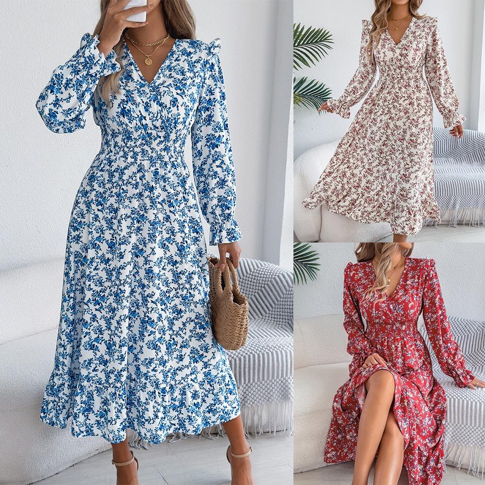 Women's Elegant Floral Cross V-Neck Waist Ruffle Long Dresses
