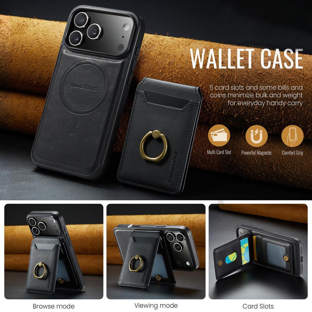 Ring Detachable Magnetic Leather Phone Wallet Case Stand For Magsafe iPhone 17 16 15 14 Plus 13 12 Pro Max Samsung S26 S25 S24 FE ID Card Holder Cover