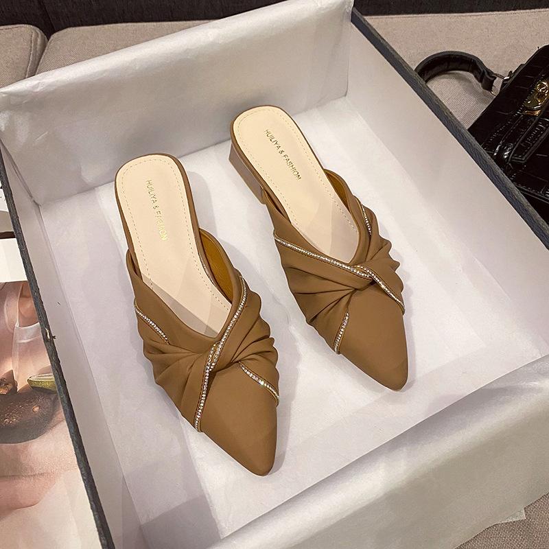 

Крутые тапочки женские весенне-летние на среднем каблуке, на толстом каблуке, с закрытым носком, туфли-лодочки, женская уличная обувь 6011-3 удобные 40 коричневый