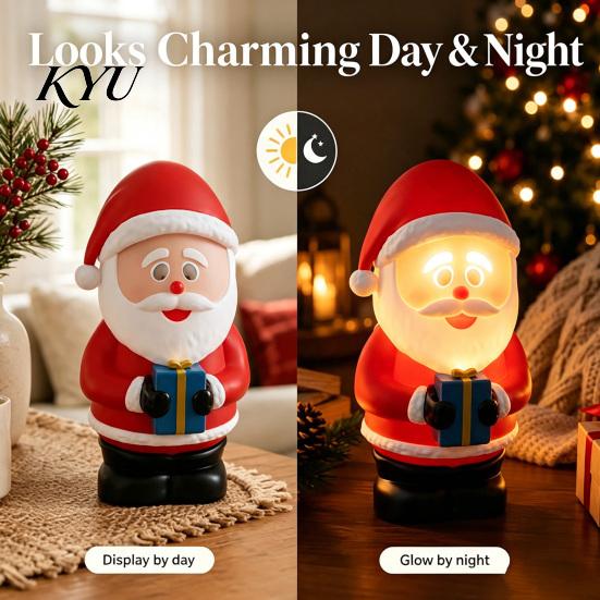 Christmas Party Favor LED Lighted Santa Claus Figurine, Animated Smile Face Decoration Holding Gift Box Statue for Winter Holiday Tabletop Home Decor