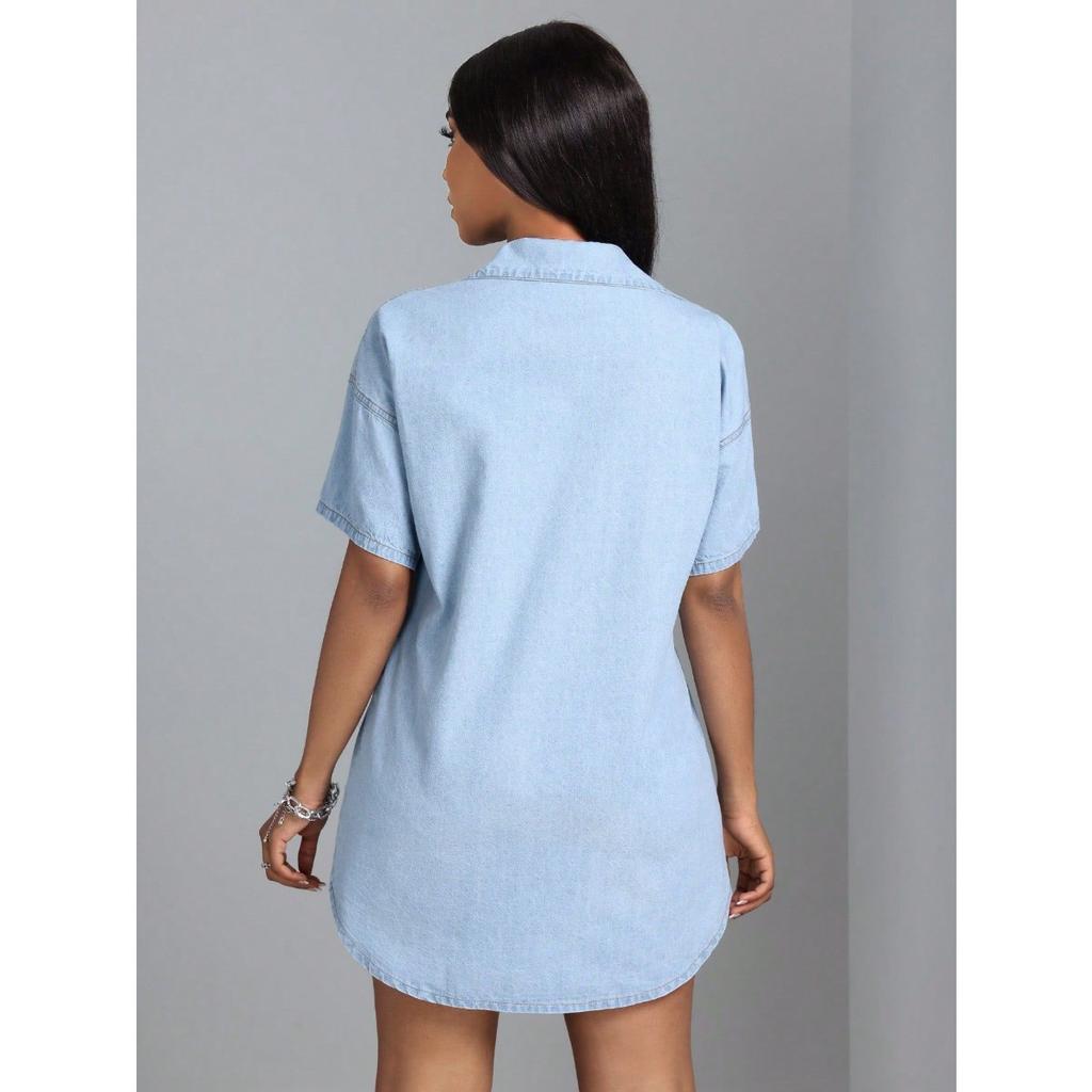 Women's Clothing, Lapels, Short Sleeves, Loose Fit, Denim Shirts, Dresses