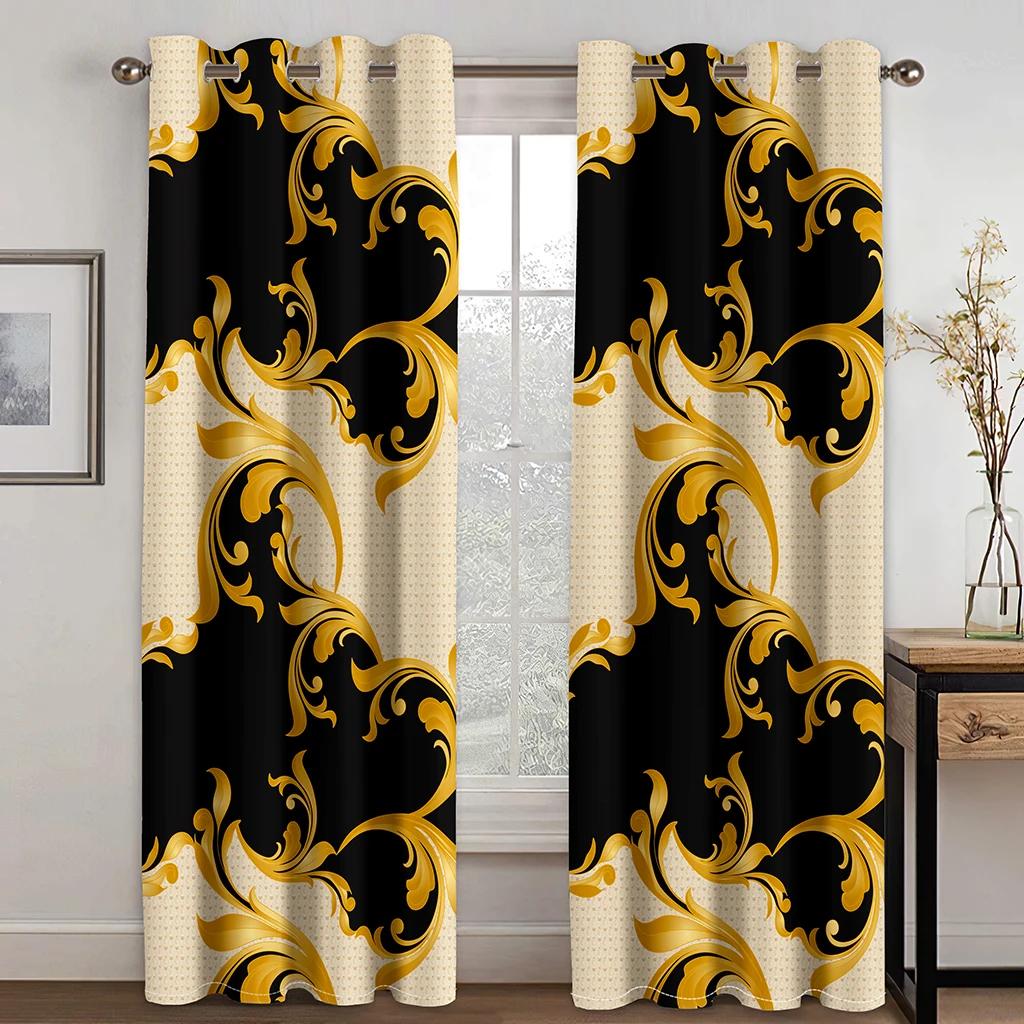 3D Luxury Black Gold Pattern European Home Curtains 2 Panels Bohmeia Style Living Room Bedroom Window Decor Curtains