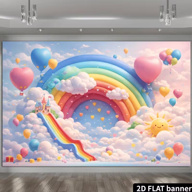 2D Rainbow Cloud Castle Tapestry, Colorful Balloon Kids Room Background
