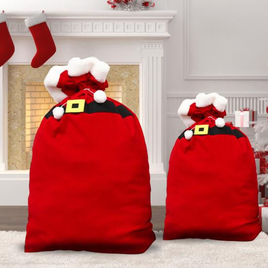 Christmas Candy Bag Xmas Treat Bag Fabric Snack Wrapping Bag Red Flocked Party Favor Bag for Holiday Decor Gift Wrapping