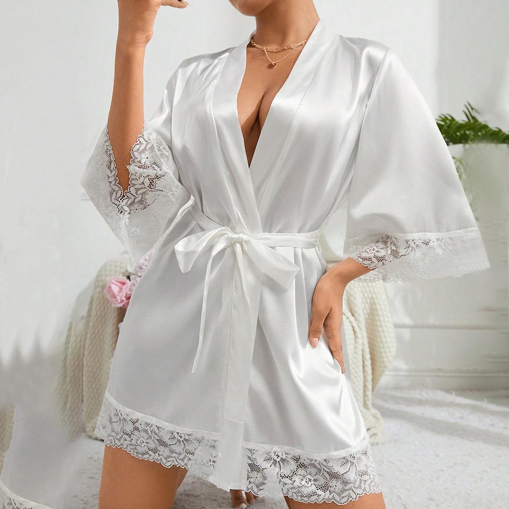 Bridal Bathrobe Elegant Satin Robe Lace Trim Kimono Short Sleepwear Nightgown V Neck Belted Bridal Loungewear Bridesmaid Gift