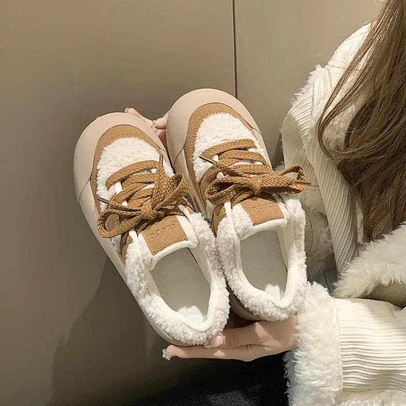 Women's Lace-up Color-blocked Thick Soles 2024 Color-blocked Women's Shoes Winter New Lace-up Plush Warm Casual Cotton Shoes