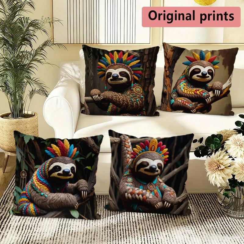 Bohemian Sloth Print Pillow Covers Pattern Cushion Cover Suitable for Sofa Bedroom Car Pillow Cover