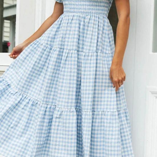 Women Dress Plaid Print Puffy Sleeve Square Collar High Waist Summer Swing Dress for Party