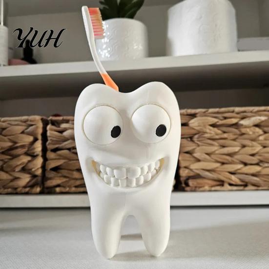 Unique Desk Accessories 3D Printed Smiling Tooth Toothbrush Holder, Funny Dental Figurine, Small Sculpture Creative Shaped Storage Stand for Bathroom