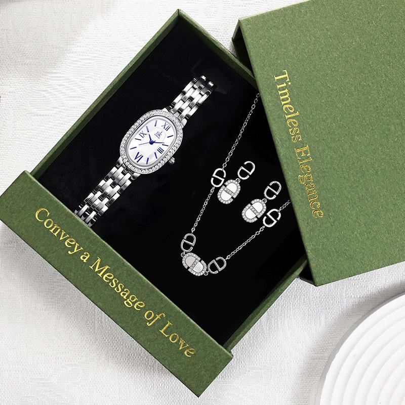 Women's Diamond Watch Set: Elegant Quartz Watch, Necklace & Earrings for Valentine's Day, Gift Box Included