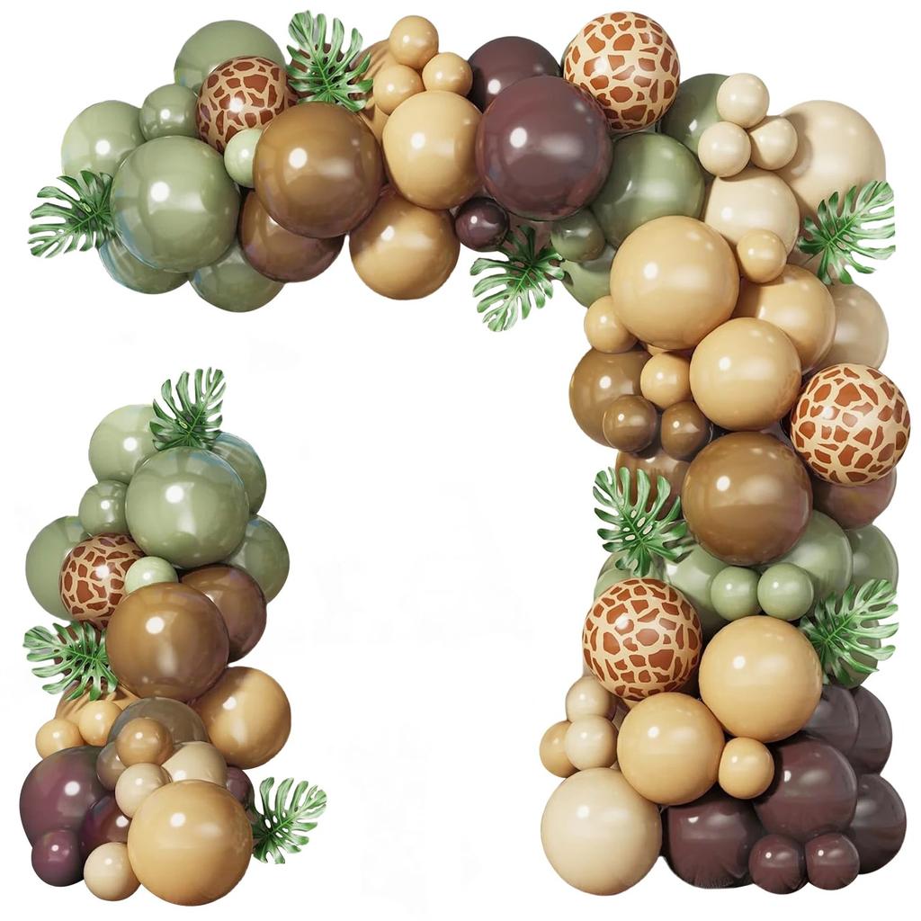 129Pcs Sage Green and Brown Wildlife Style Balloon Garland Set with Leaves for Jungle Safari Outdoor Birthday Party Decorations 5