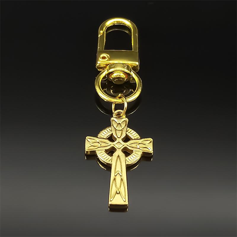 Celtic Knot Irish Cross Pendant Keyring for Women Men Stainless Steel Gold Color Viking Norse Odin Keychain Jewelry llaveros