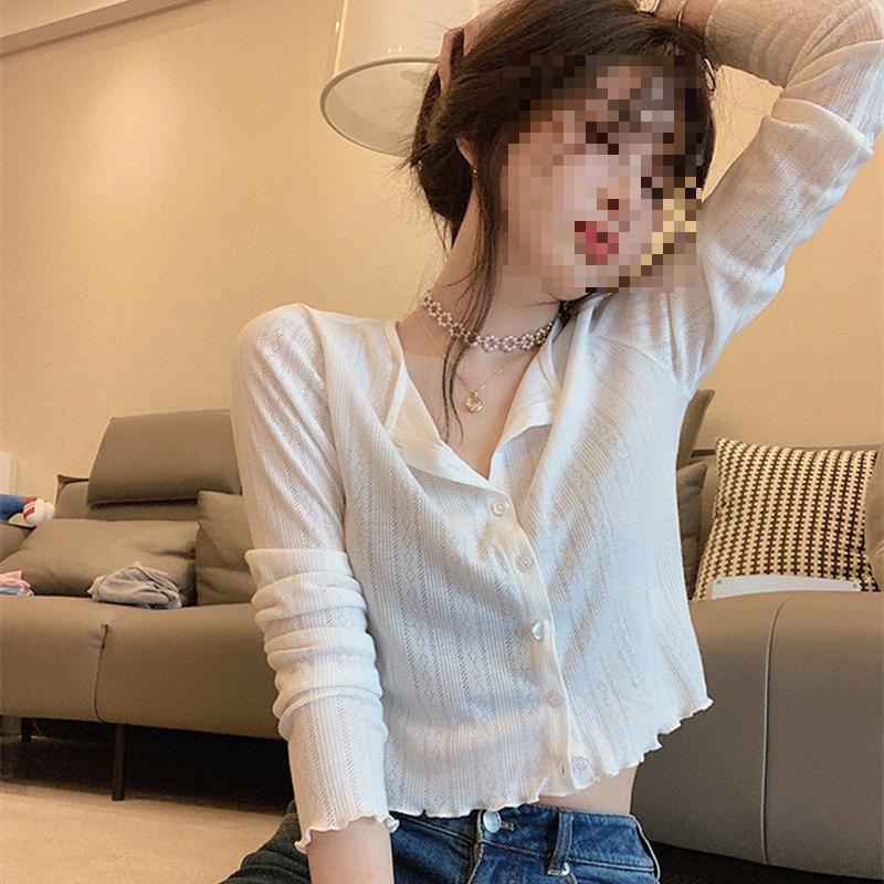 Thin Ice Silk Women's Spring Cardigan: French Style Slim Fit, Hollow Out Design, Sun Protection.