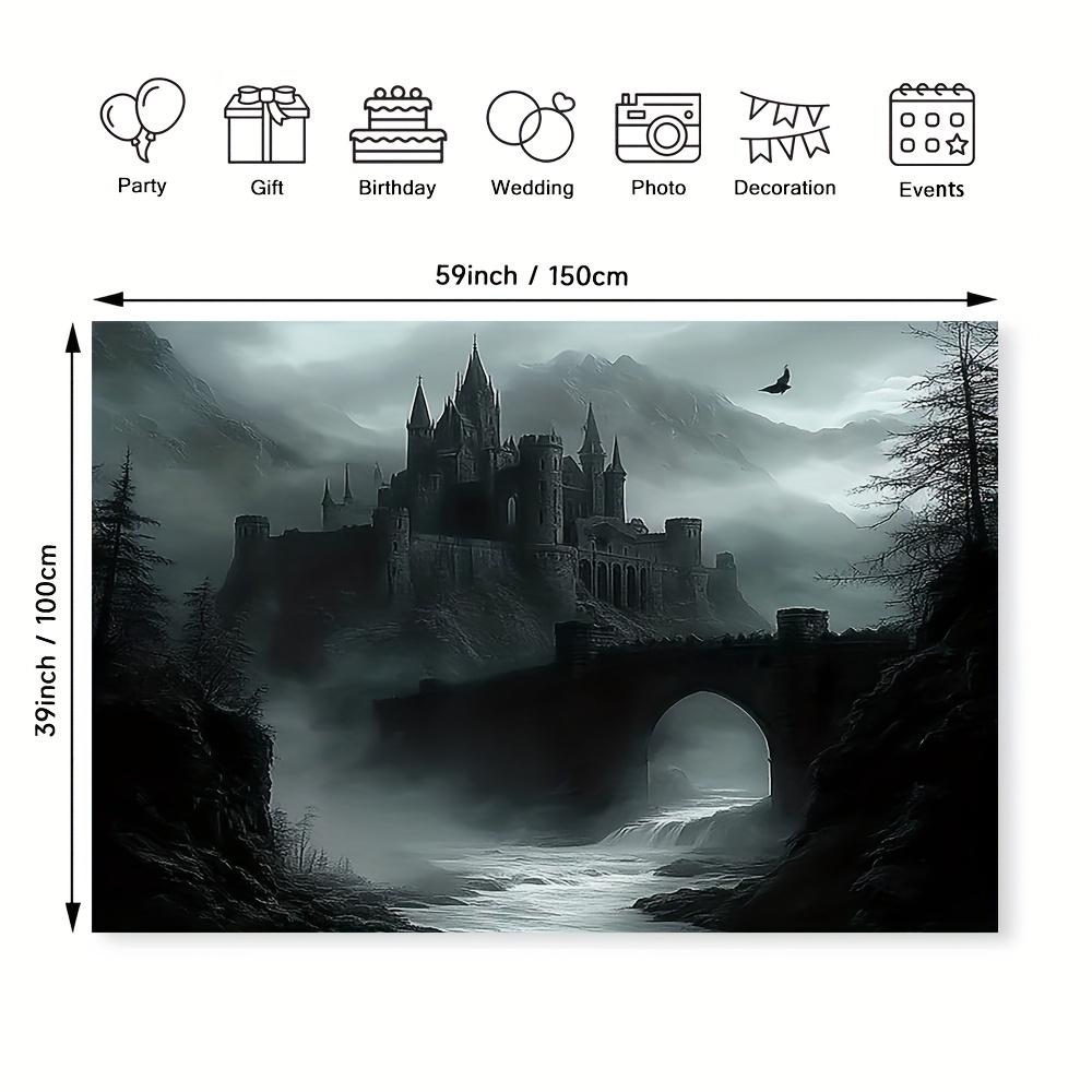 2D graphic design 1 large Gothic castle wall decoration banner - Medieval style misty mountains and dark river landscape.PMJ