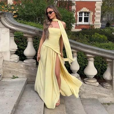Fashion Patchwork Split Strapless Dress Women's Elegant Sleeveless Backless Long Dress 2025 Summer New Lady Evening Party Robes