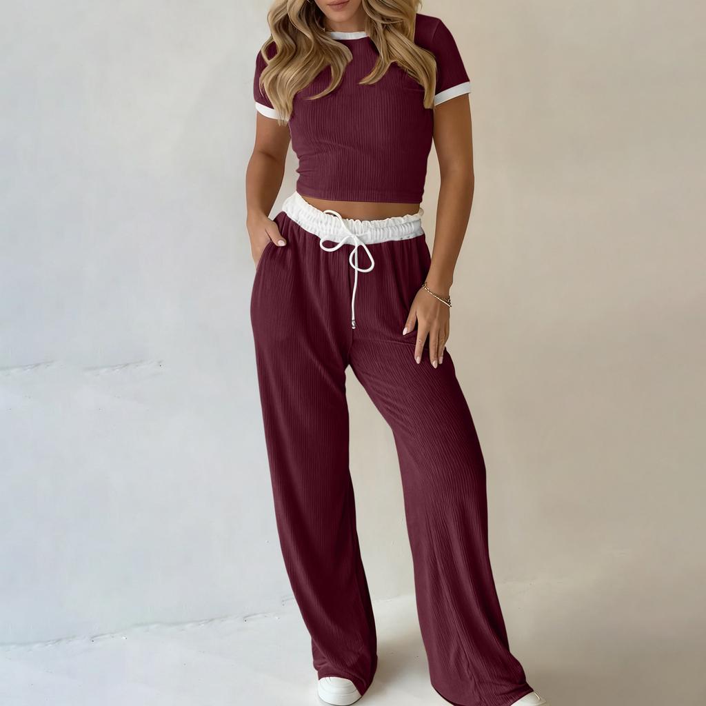Women's Fashion Color Blocked Summer Round Neck Short Sleeved Top With Elastic Waist Casual Pants Sportswear Two-piece Set