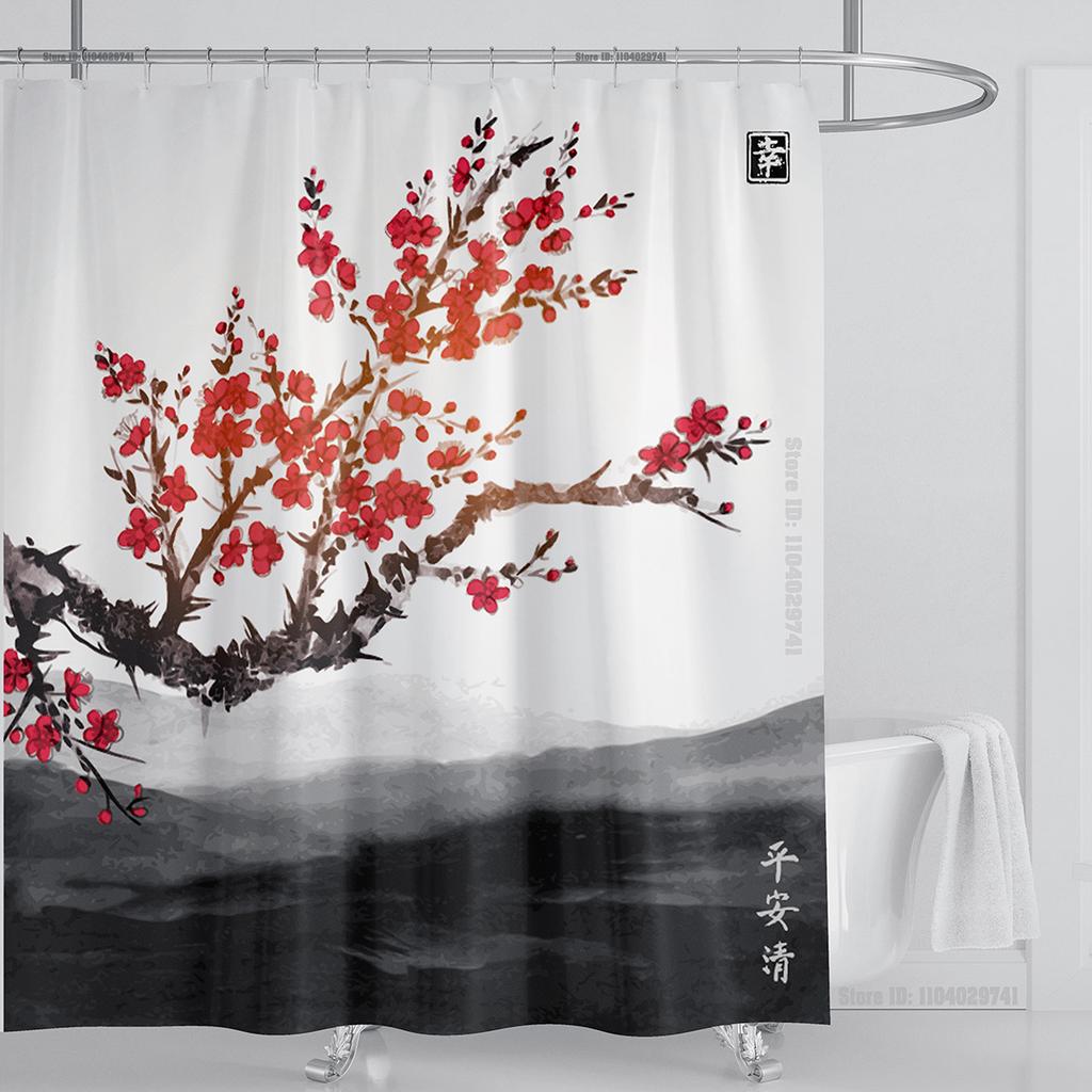 Chinese Style Flower and Birds Tree Shower Curtains Crane Pattern Bath Curtain Waterproof Bathroom Decor With Hooks 3d Printing