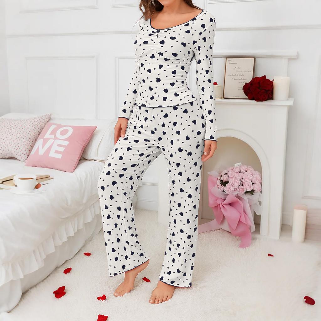Women's Casual Love Long-sleeved Pajamas Two-piece Suit