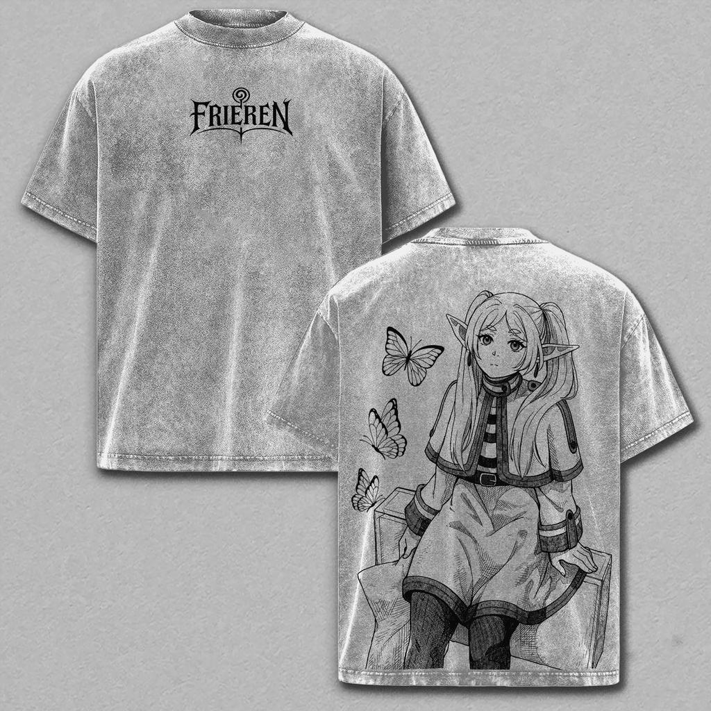 Manga Frieren Cute Printed T-shirt Vintage Washed Oversized T Shirt Summer Short Sleeve Pure Cotton Soft Tees Tops Men Clothing