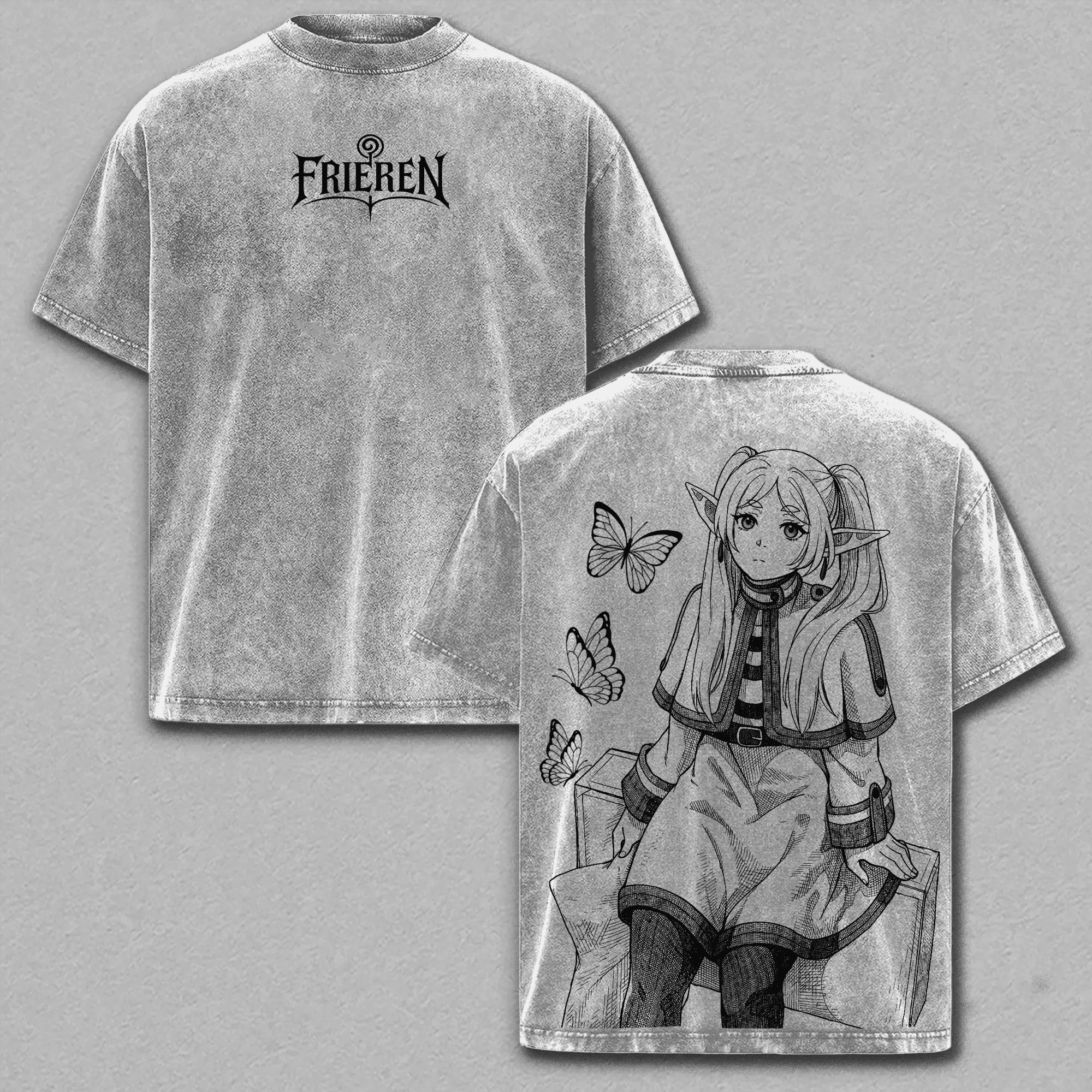 

Manga Frieren Cute Printed T-shirt Vintage Washed Oversized T Shirt Summer Short Sleeve Pure Cotton Soft Tees Tops Men Clothing XXL сірий колір