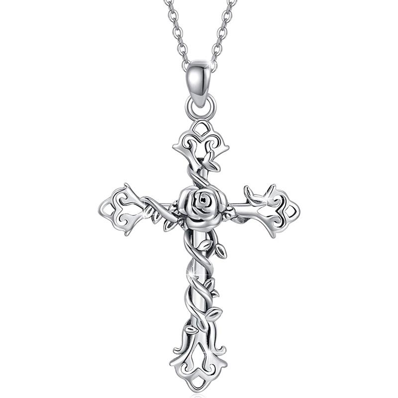 Flower Cross Pendant Necklace Female Daily Wearable Jewelry Fashion Lady Delicate Versatile Silver Color Accessories Gift