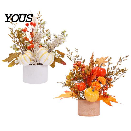 Small Potted Plant for Fireplace Fall Pumpkin Flower Arrangement, Artificial Maple Berry Halloween Indoor Decoration Thanksgiving, Harvest Home
