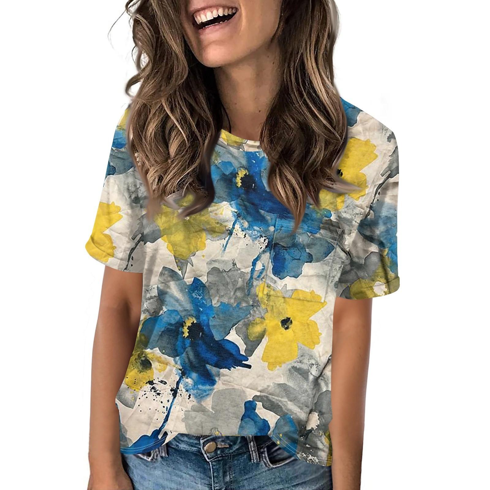 

Женская летняя повседневная свободная футболка с короткими рукавами и круглым вырезом с цветочным принтом и карманом XL жёлтый